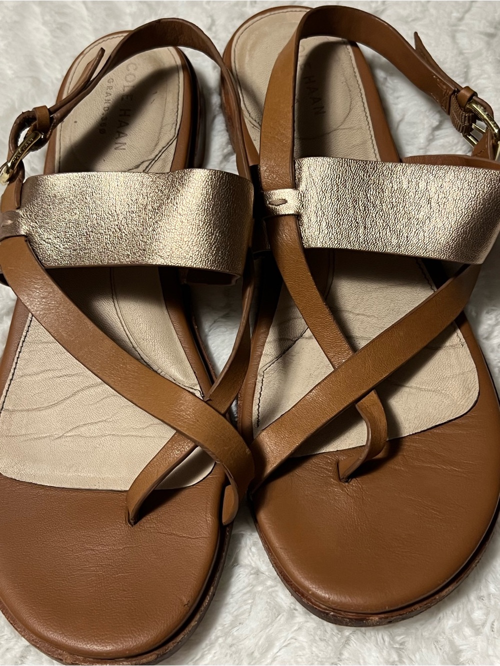 Cole Haan Brown Leather Sandals with Metallic Gold Strap